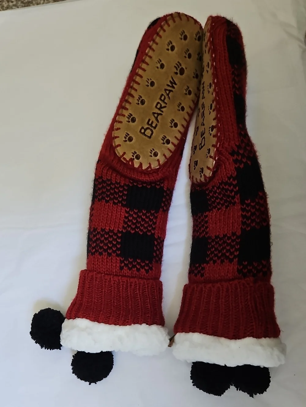 BearPaw Red & Black Buffalo Plaid Sherpa-Lined Slipper Socks NWOT